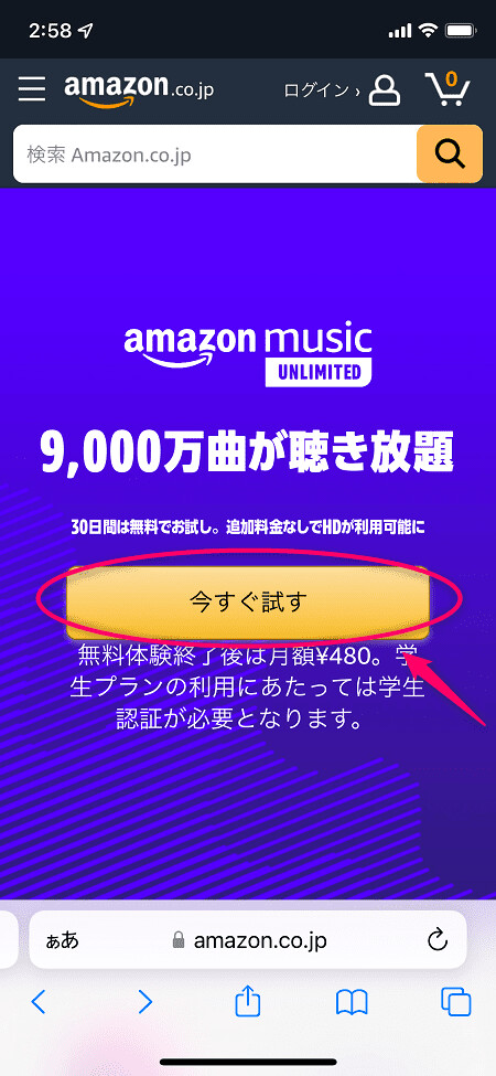 月額￥480になっているのを確認し「今すぐ試す」をタップ