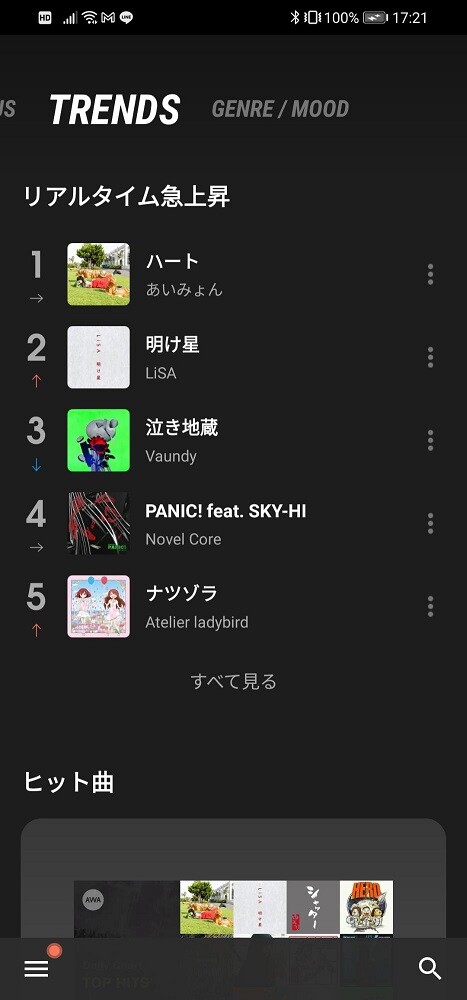 AWAの「TRENDS」画面