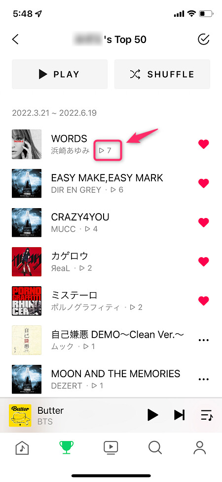 「▷」の後の数字が、楽曲の再生回数