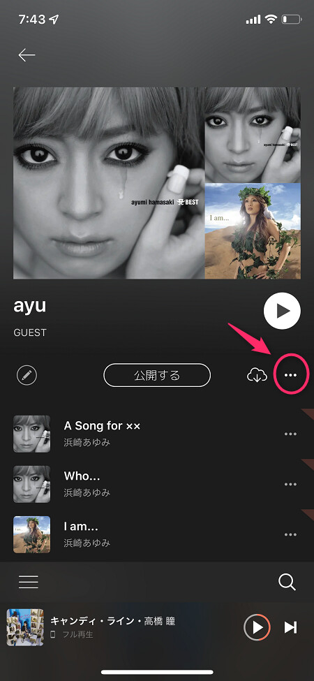 プレイリストごと削除する場合は、プレイリスト右側の「…」をタップ